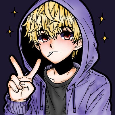 teenage manga boy in a hoodie, doing ✌