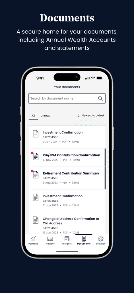 SJP app interface showing the secure digital document library for investment and pension statements