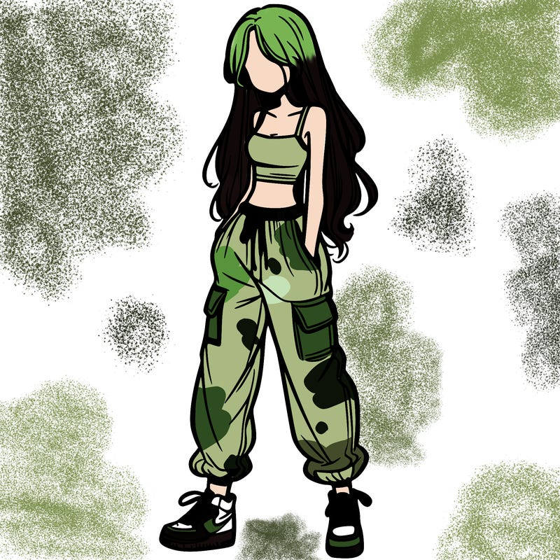 girl in baggy pants crop top and long hair