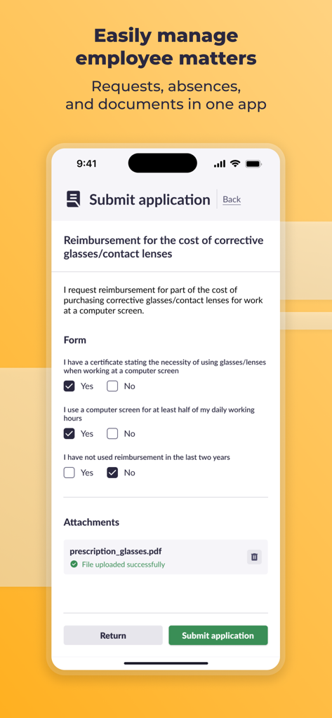 Mobile app screen for submitting a corporate reimbursement application for corrective glasses