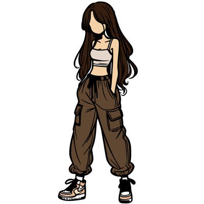 girl in baggy pants crop top and long hair