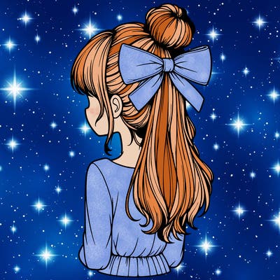 realistic girl  with hip length hair a bun and a big bow on the back of head