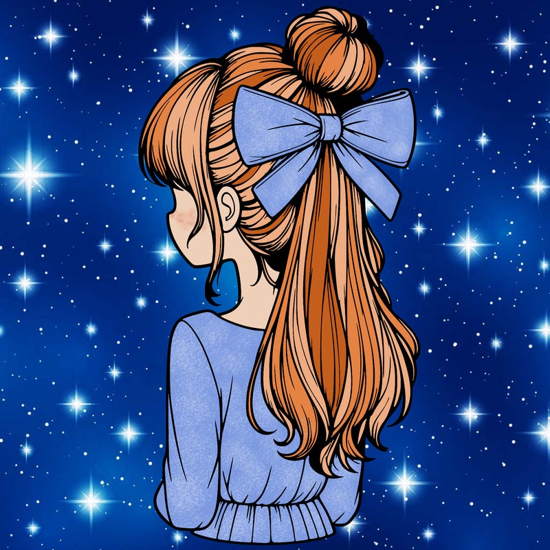 realistic girl  with hip length hair a bun and a big bow on the back of head