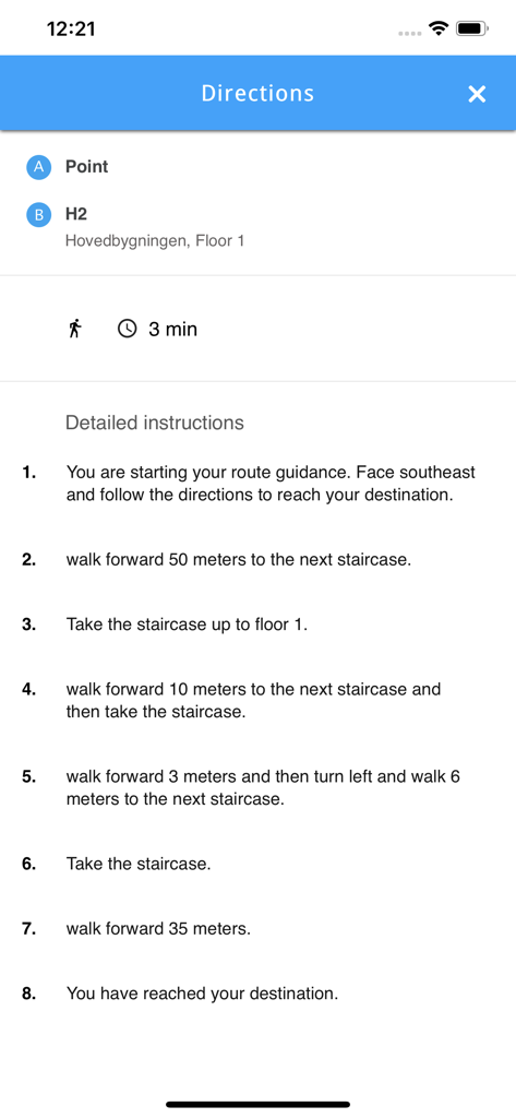 MazeMap - A mobile interface showing detailed step-by-step indoor walking directions and estimated travel time in the MazeMap app
