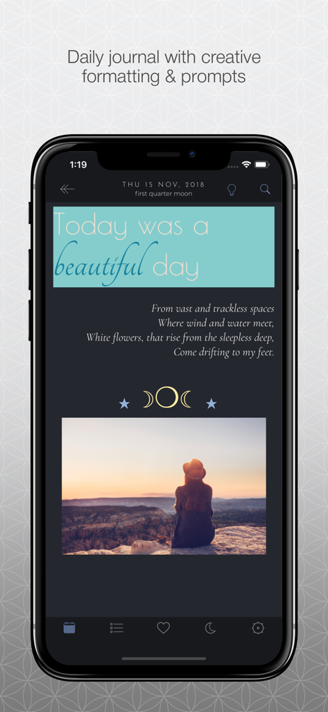 The Moon Calendar - La interfaz del diario diario de la aplicación El Calendario Lunar que muestra fuentes personalizadas, una entrada personal con una foto del atardecer y símbolos lunares.