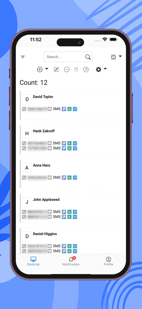 OneBox OS - OneBox OS mobile app interface displaying a business contact directory with integrated communication icons for phone calls and messaging