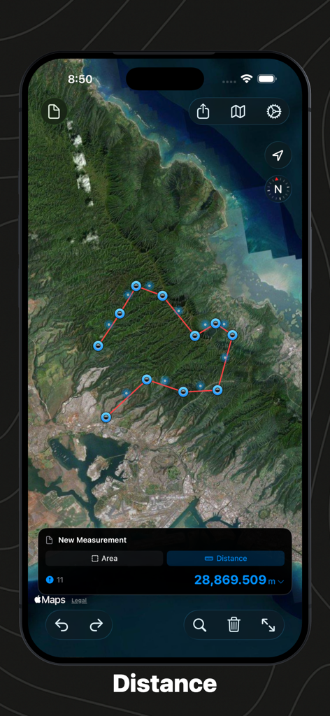 Geo Measure: Area & Distance - Interface de l'application Geo Measure montrant un calcul de distance sur une carte satellite avec des points de tracé connectés