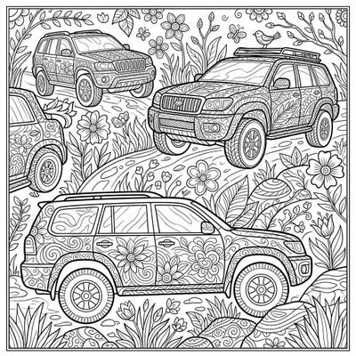 Embark on a creative journey with this captivating Zentangle SUV coloring page, blending rugged vehicles with the delicate beauty of spring. Each robust SUV and the surrounding floral scenery offers intricate details perfect for a meditative coloring experience.