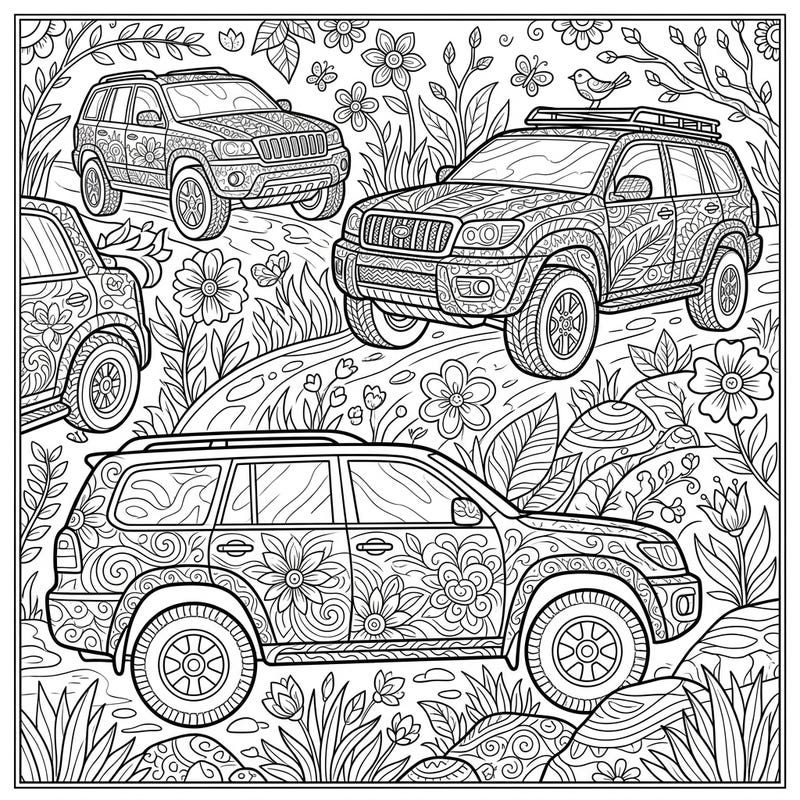 Embark on a creative journey with this captivating Zentangle SUV coloring page, blending rugged vehicles with the delicate beauty of spring. Each robust SUV and the surrounding floral scenery offers intricate details perfect for a meditative coloring experience.