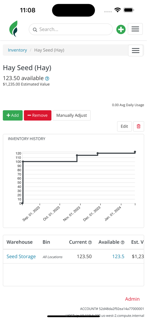 Farmbrite mobile app screenshot showing hay seed inventory with stock level graph and storage location details.