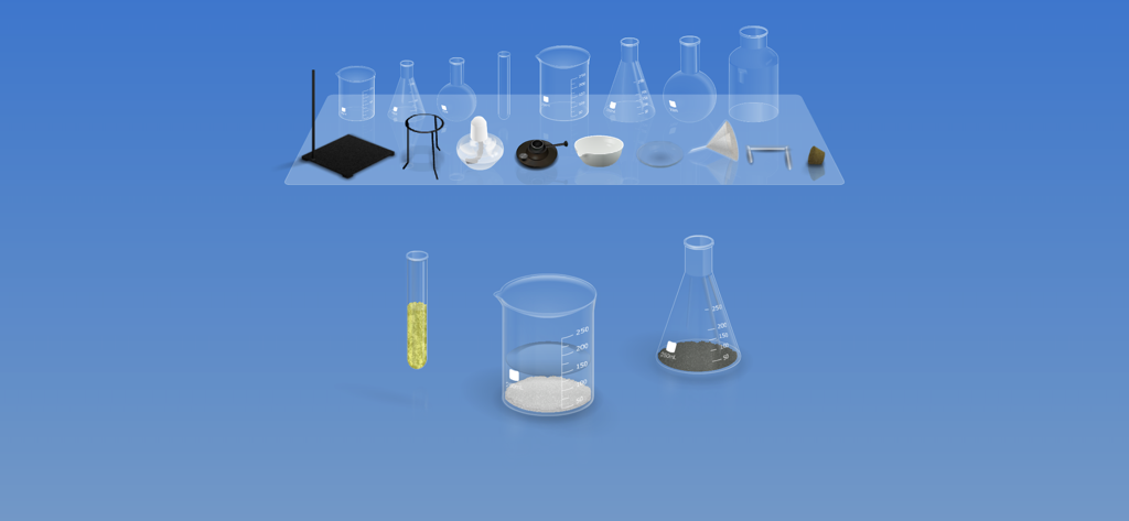 CHEMIST by THIX - Virtual chemistry lab interface with beakers, flasks, and chemical reagents for experiments.