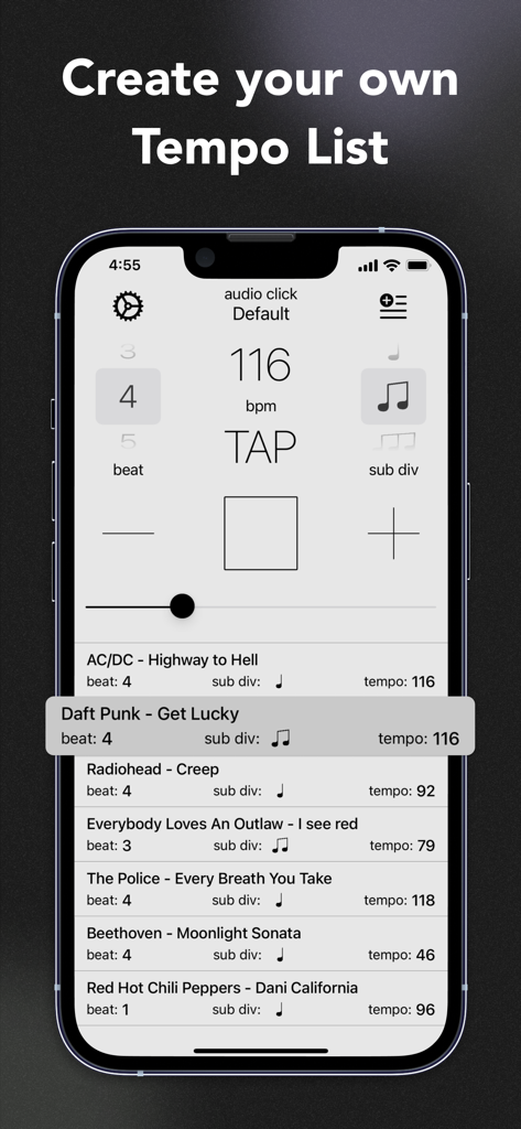 Metronome - Tempo & BPM - A mobile interface of a metronome app showing a custom tempo list with various song titles and their respective BPM settings.