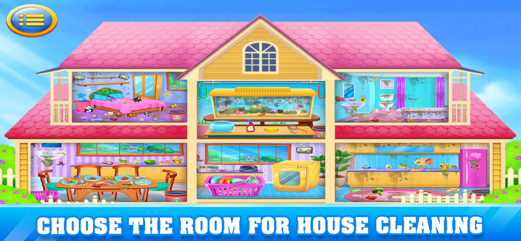 House Clean - A Cleaning Games - 掃除する散らかった部屋が複数表示された、人形の家のビュー