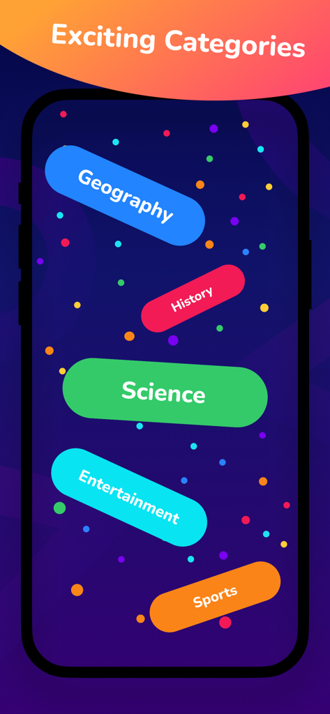 Party Trivia! Group Quiz Game - Screenshot of Party Trivia game showing multiple quiz categories including Geography History Science Entertainment and Sports