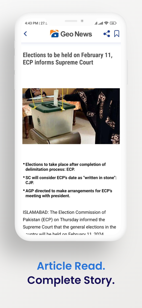 Um artigo de notícias sobre as eleições gerais paquistanesas no aplicativo Geo News Official.