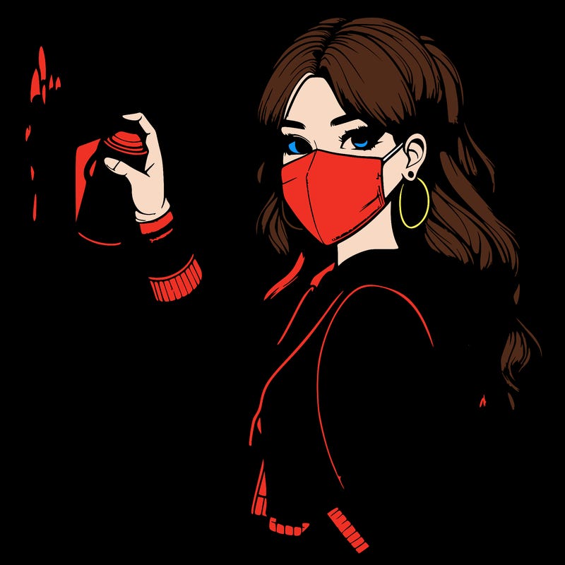 realistic girl with mask spray painting a wall