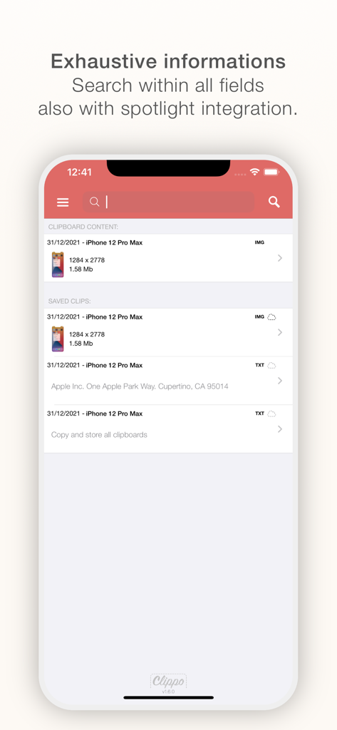 Clippo - Clipboard manager - Search interface of Clippo clipboard manager showing saved text and image clips with spotlight integration.