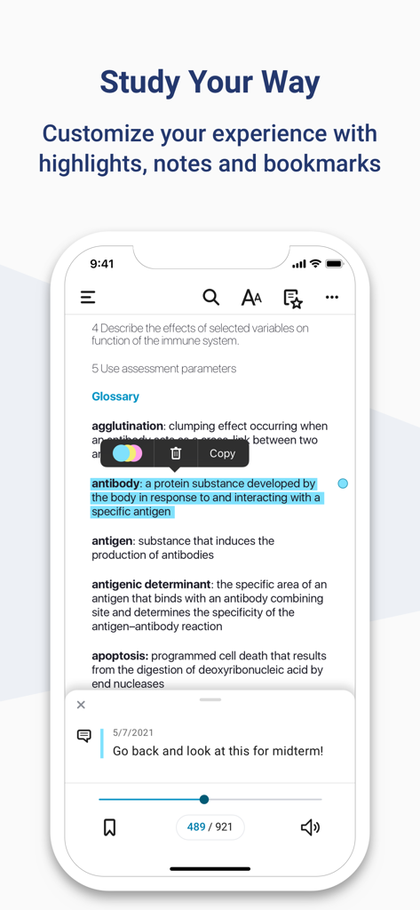 期末試験のためにハイライトされたテキストとカスタム学習ノートが表示されているBookshelfアプリのインターフェース