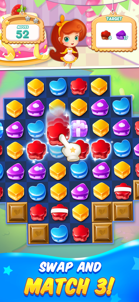 Colorful match 3 puzzle board from Candy Match 3 Mania app featuring sweet treats