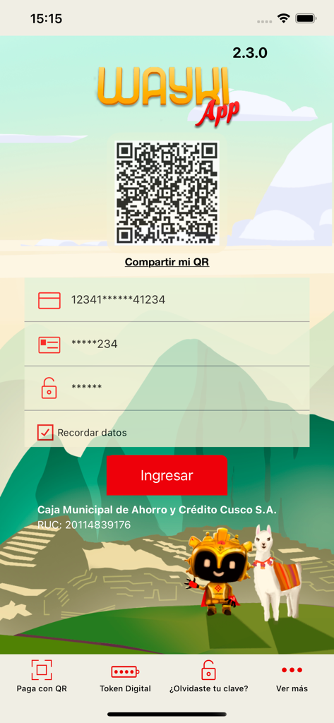 Wayki App - Caja Cusco Móvil - Tela de login do Wayki App com código QR e fundo de Machu Picchu apresentando um mascote e uma lhama