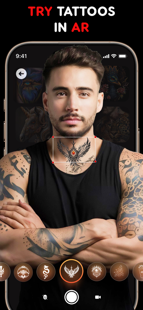 Tela de aplicativo móvel mostrando o recurso de experimentação de tatuagem com realidade aumentada no pescoço de uma pessoa