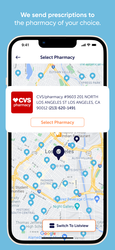 SkyMD 24/7 Telehealth - 지도 보기에서 약국을 선택하는 SkyMD 앱 화면