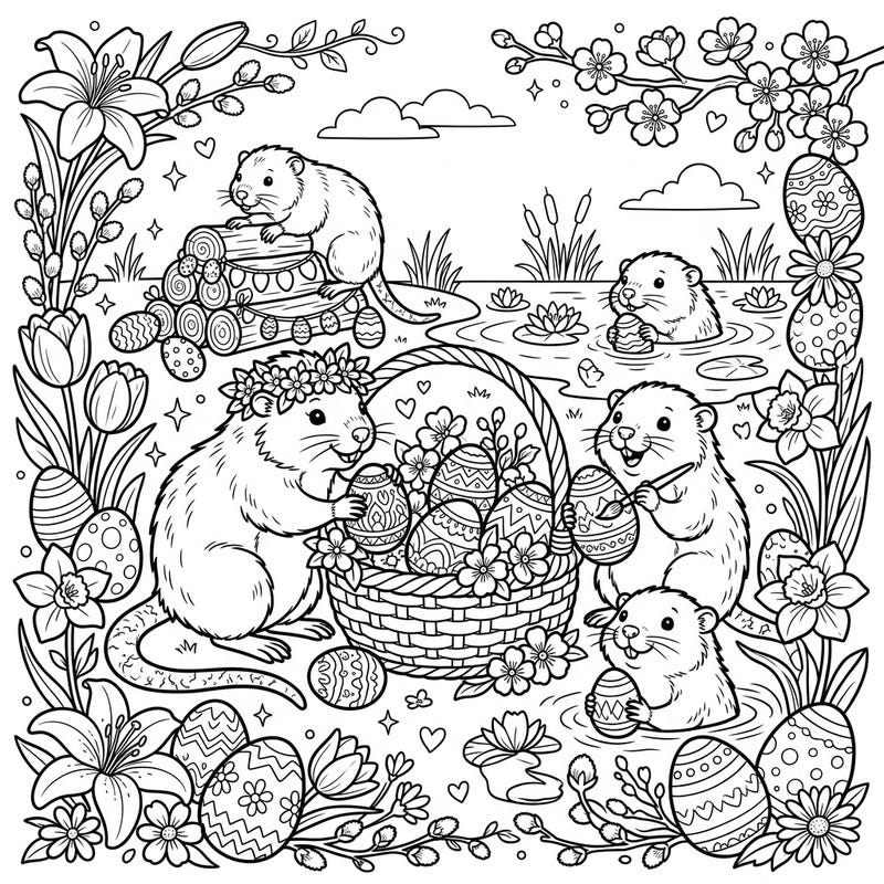 Celebrate Easter with a splash! This delightful coloring page features charming muskrats enjoying a festive egg hunt among spring flowers and decorated eggs, perfect for bringing the joy of the season to life.