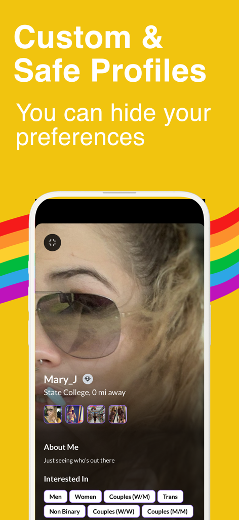 Bindr | Bisexual Dating App - Bindr app profile screen showing inclusive dating preference tags like men women and couples