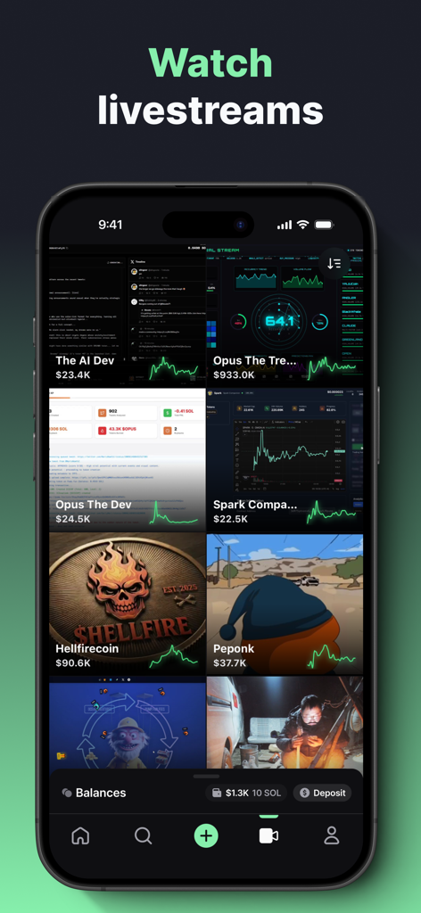 Interface of the pump fun app showing a grid of active memecoin livestreams with real time price charts and account balance