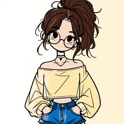 girl with a messy ponytail glasses a baggy crop top and jean shorts