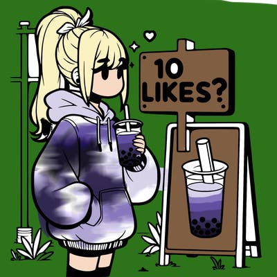 girl with oversized hoodie drinking boba and she has a high ponytail with a sign that says 10likes?