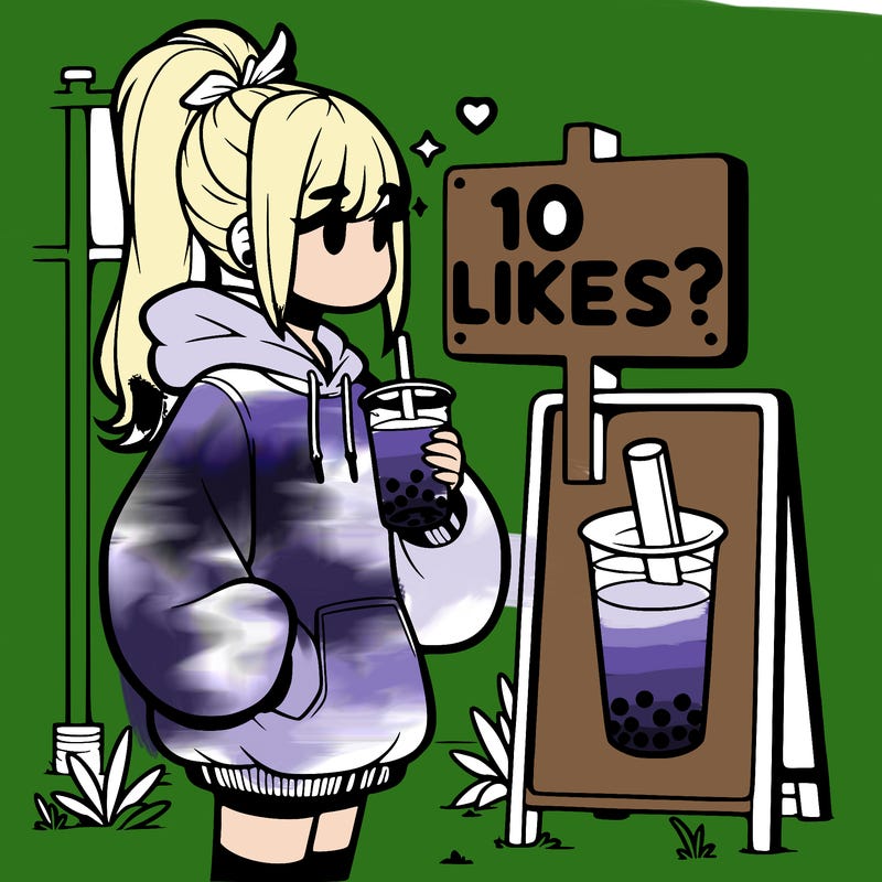 girl with oversized hoodie drinking boba and she has a high ponytail with a sign that says 10likes?