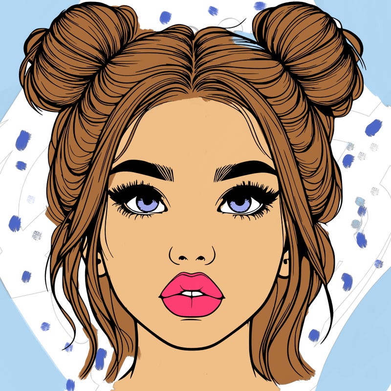realistic girl with two buns on her hair and lips