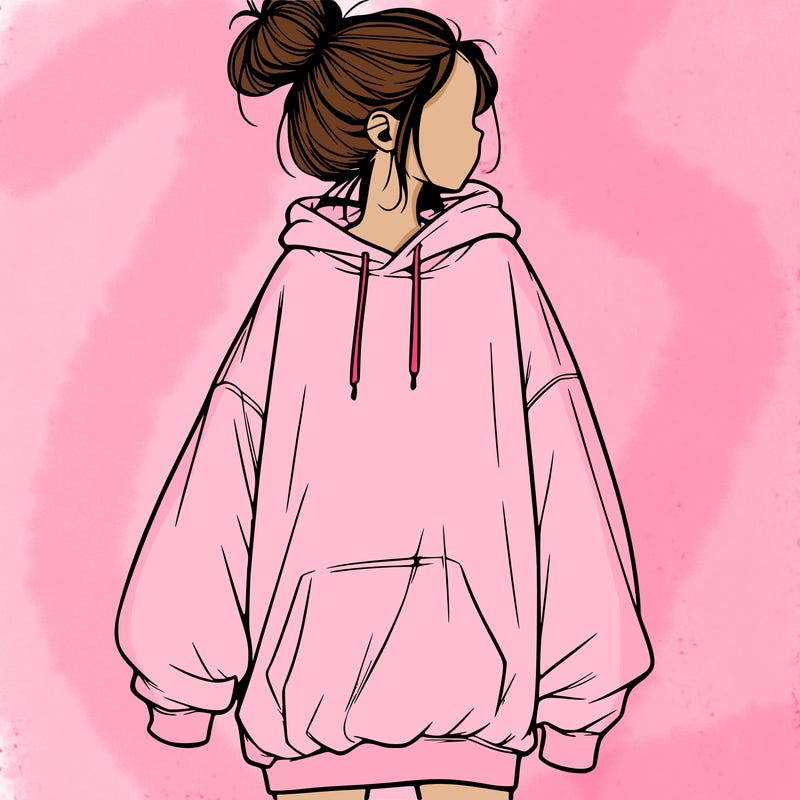 realistic girl with a oversized sweatshirt on and a bun