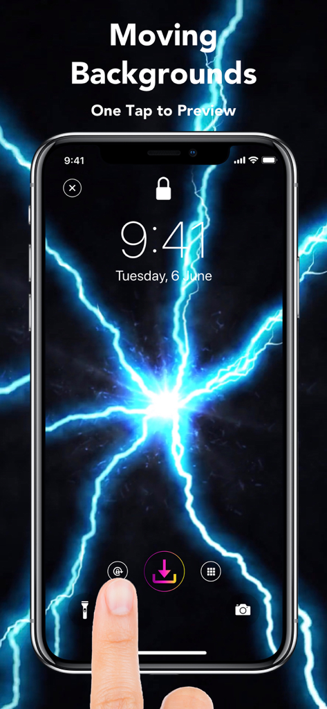 Smartphone displaying a blue lightning live wallpaper on the lock screen with a preview tap gesture