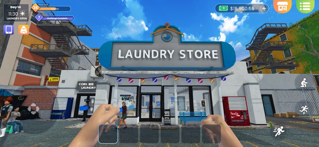 Exterior view of a laundry shop in the Laundry Store Simulator game with first person perspective