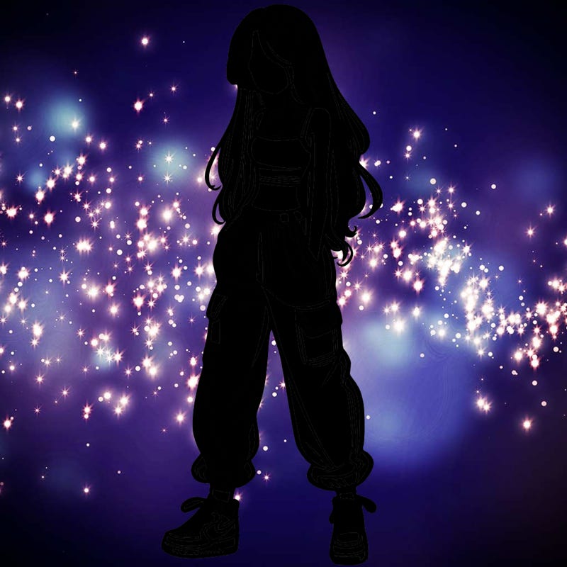 girl in baggy pants crop top and long hair