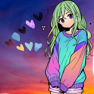 manga teen girl  in a sweater and baggy pants