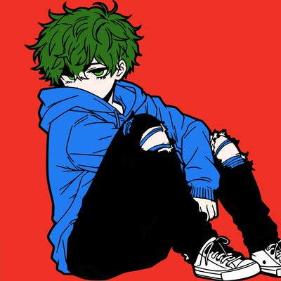 a male hoddie ripped jeans messy hair anime