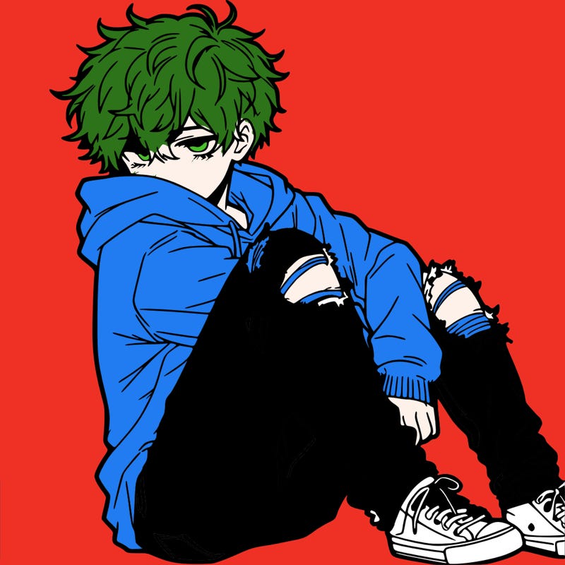 a male hoddie ripped jeans messy hair anime