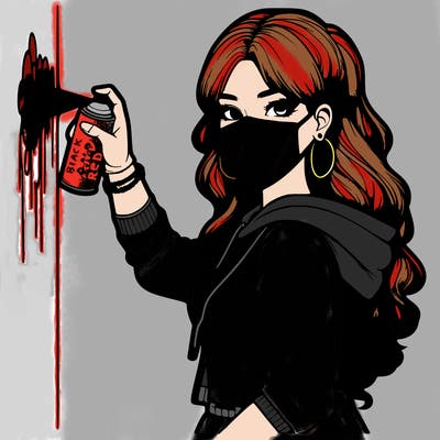 realistic girl with mask spray painting a wall