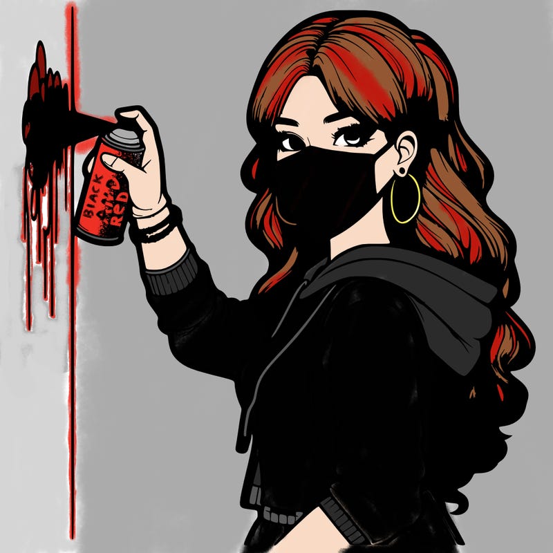 realistic girl with mask spray painting a wall