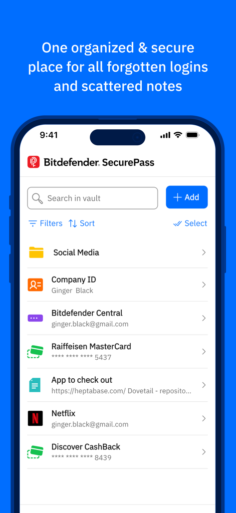 Bitdefender SecurePass - Interfaccia dell'app Bitdefender SecurePass che mostra un vault organizzato con password salvate, ID aziendale e carte di credito.