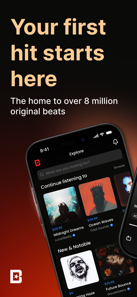BeatStars mobile app interface showing instrumental beats for sale and the headline your first hit starts here