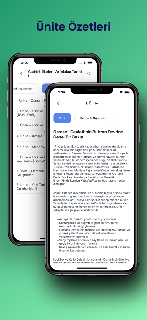 AÖF Soru - AÖF Soru mobile app interface showing unit summaries for exam preparation.