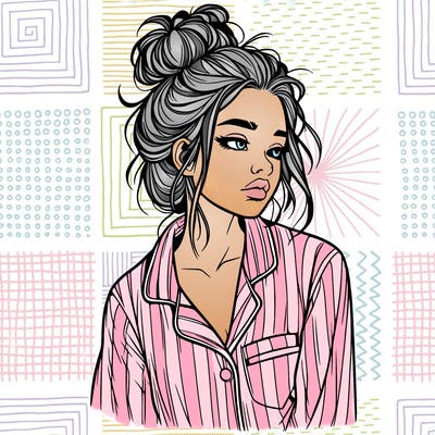 realistic woman with pajamas on and a messy bun