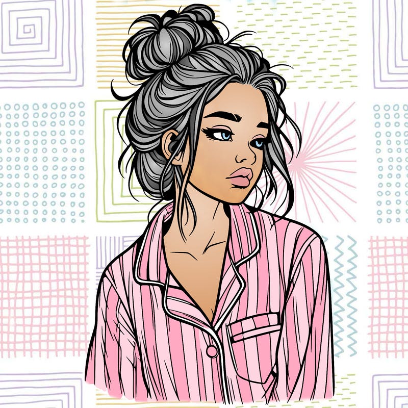 realistic woman with pajamas on and a messy bun