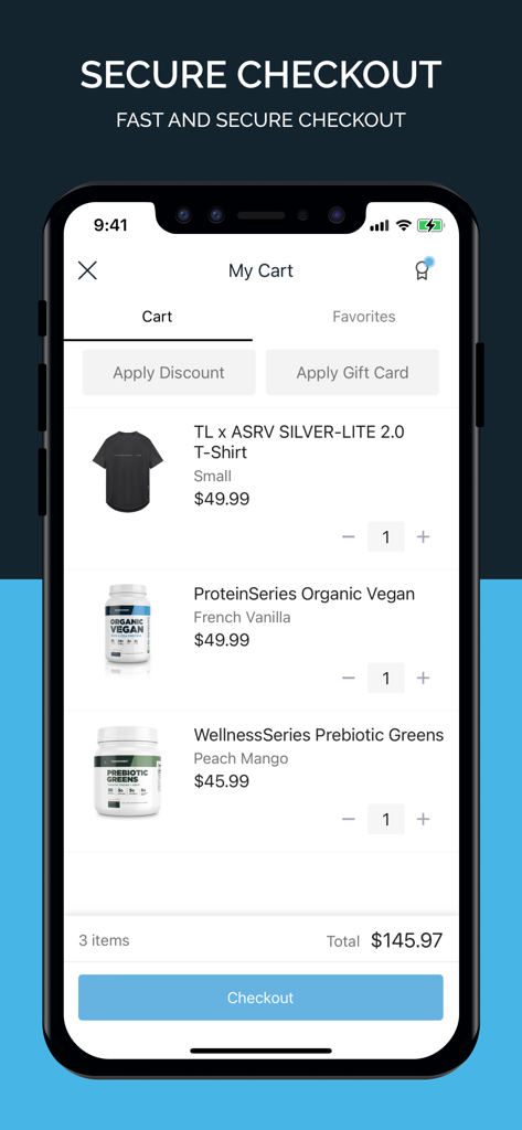 Carrello dell'app mobile Transparent Labs che mostra integratori e checkout sicuro