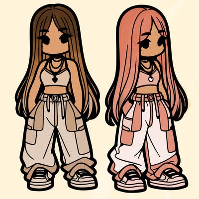 girl in baggy pants crop top and long hair