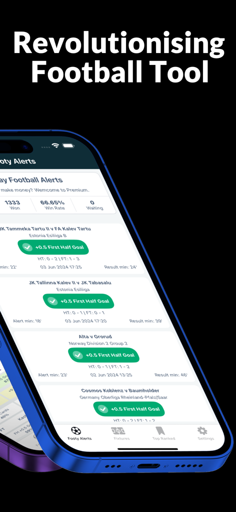 Footy Alerts: Goal Corner Card - Screenshot of the Footy Alerts app showing live in-play football predictions and win rate statistics